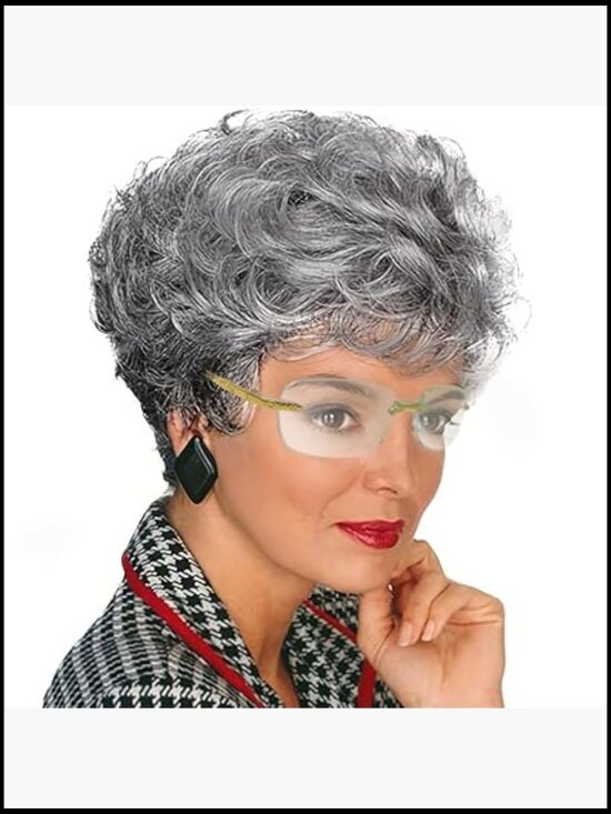 Short Curly Grey Wig with Bangs Fluffy Heat Resistant Synthetic Hair Easy Care main image 5